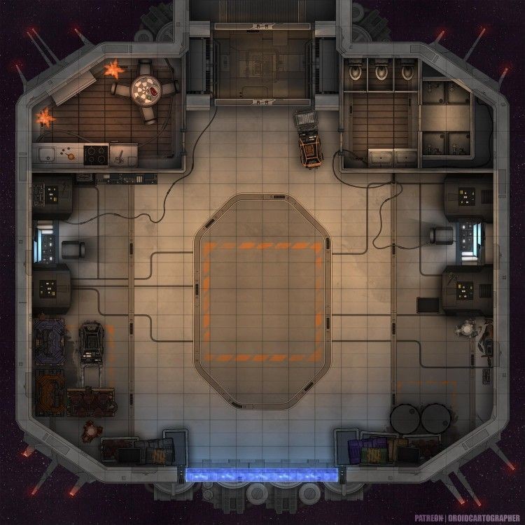 space hangar map, carte de JDR science-fiction (750×750 pixels) — battlemap pour Roll20 et Foundry VTT.