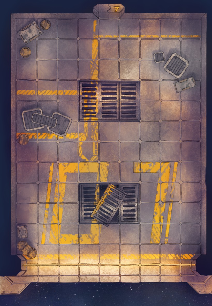 space hangar map, carte de JDR science-fiction (820×1184 pixels) — battlemap pour Roll20 et Foundry VTT.