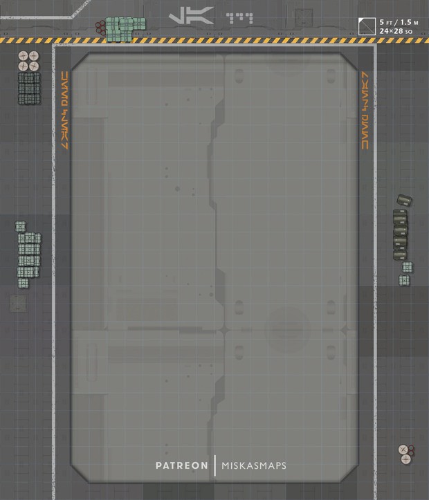 space hangar map, carte de JDR science-fiction (620×723 pixels) — battlemap pour Roll20 et Foundry VTT.