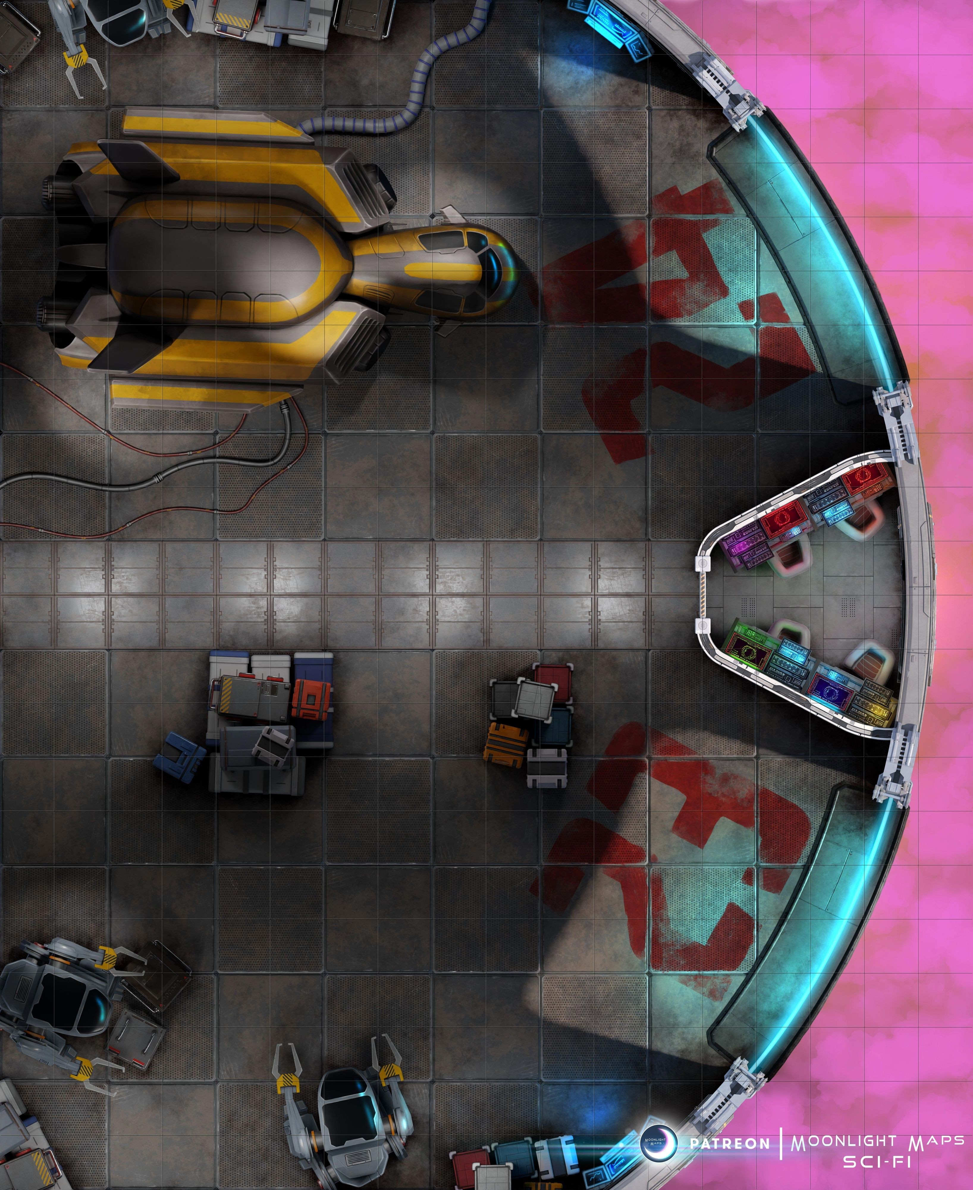 space hangar map, carte de JDR science-fiction (3272×4000 pixels) — battlemap pour Roll20 et Foundry VTT.