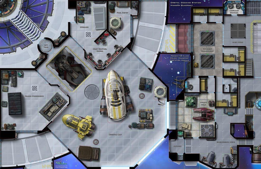 space hangar map, carte de JDR science-fiction (1024×663 pixels) — battlemap pour Roll20 et Foundry VTT.