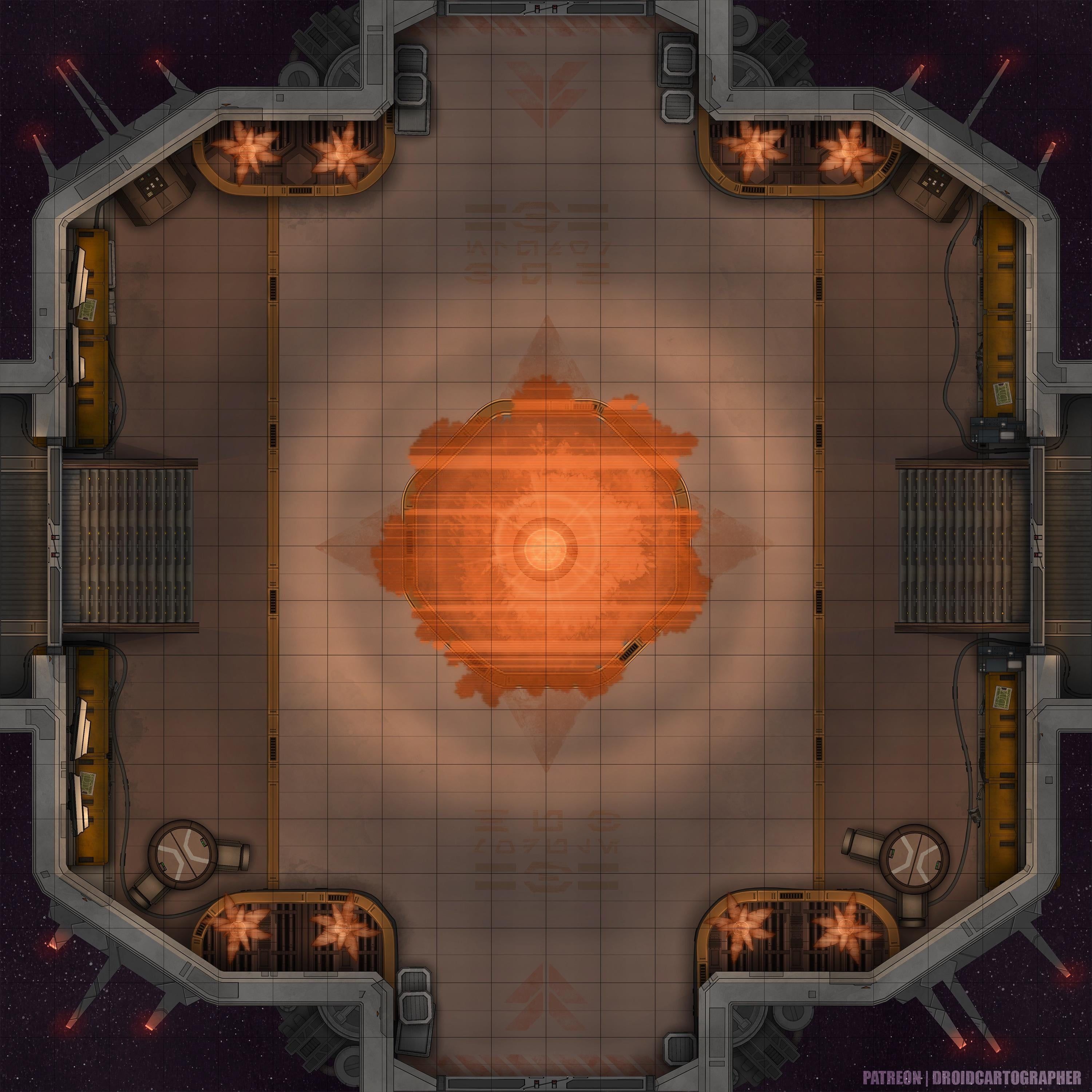 space hangar map, carte de JDR science-fiction (3000×3000 pixels) — battlemap pour Roll20 et Foundry VTT.