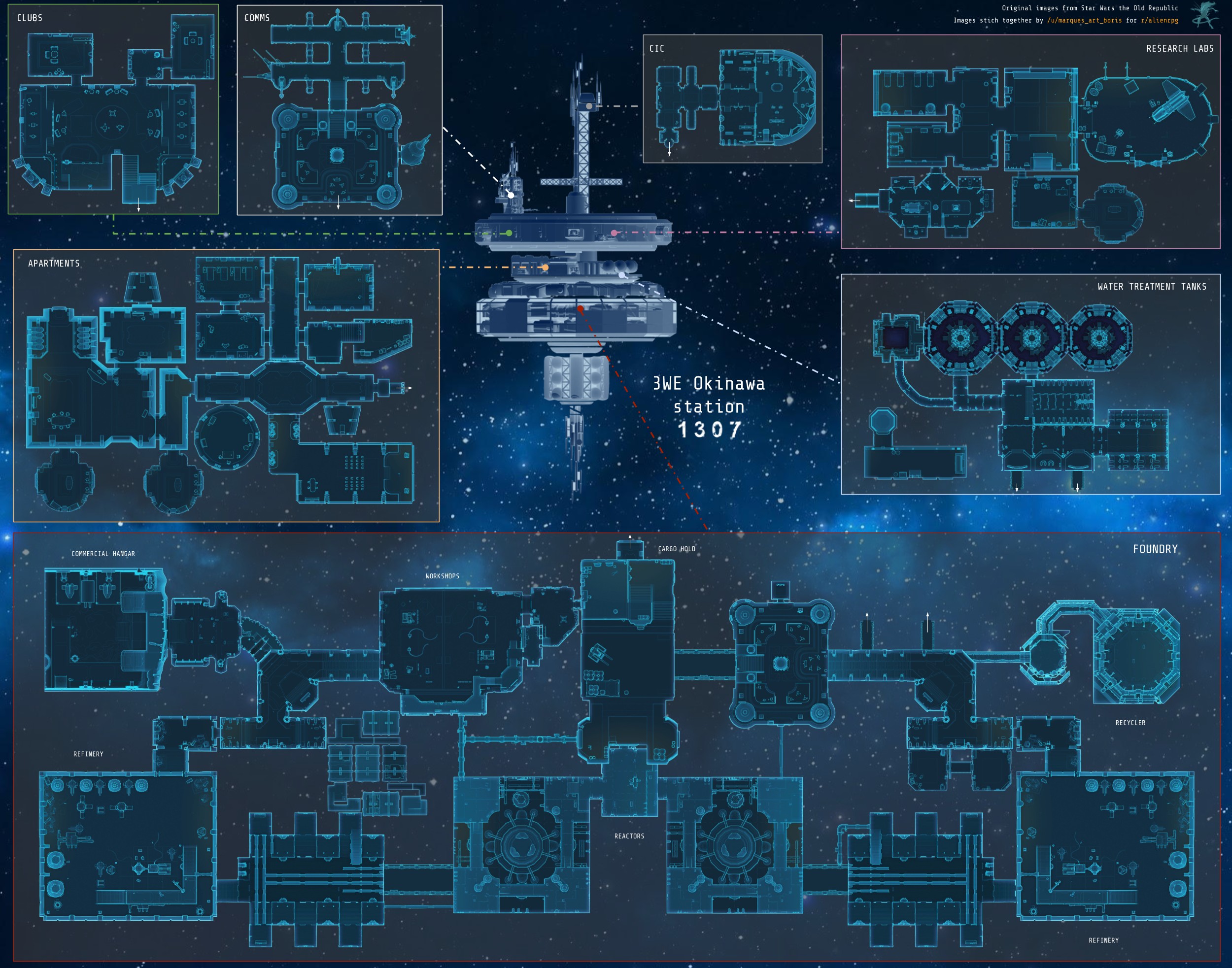 space station map, carte de JDR science-fiction (2500×1965 pixels) — battlemap pour Roll20 et Foundry VTT.