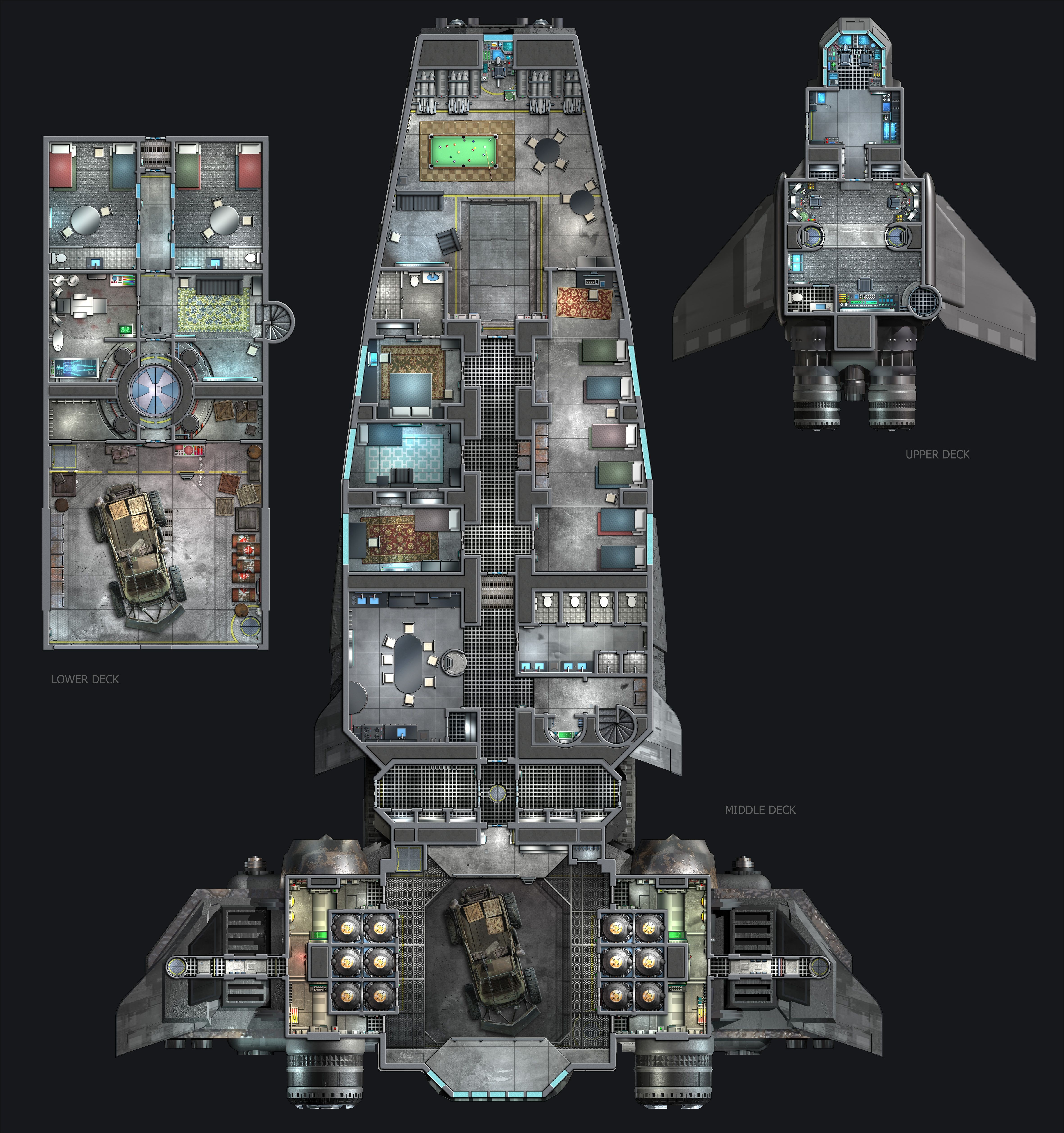 spaceship interior map, carte de JDR fantasy (4725×5033 pixels) — battlemap pour Roll20 et Foundry VTT.