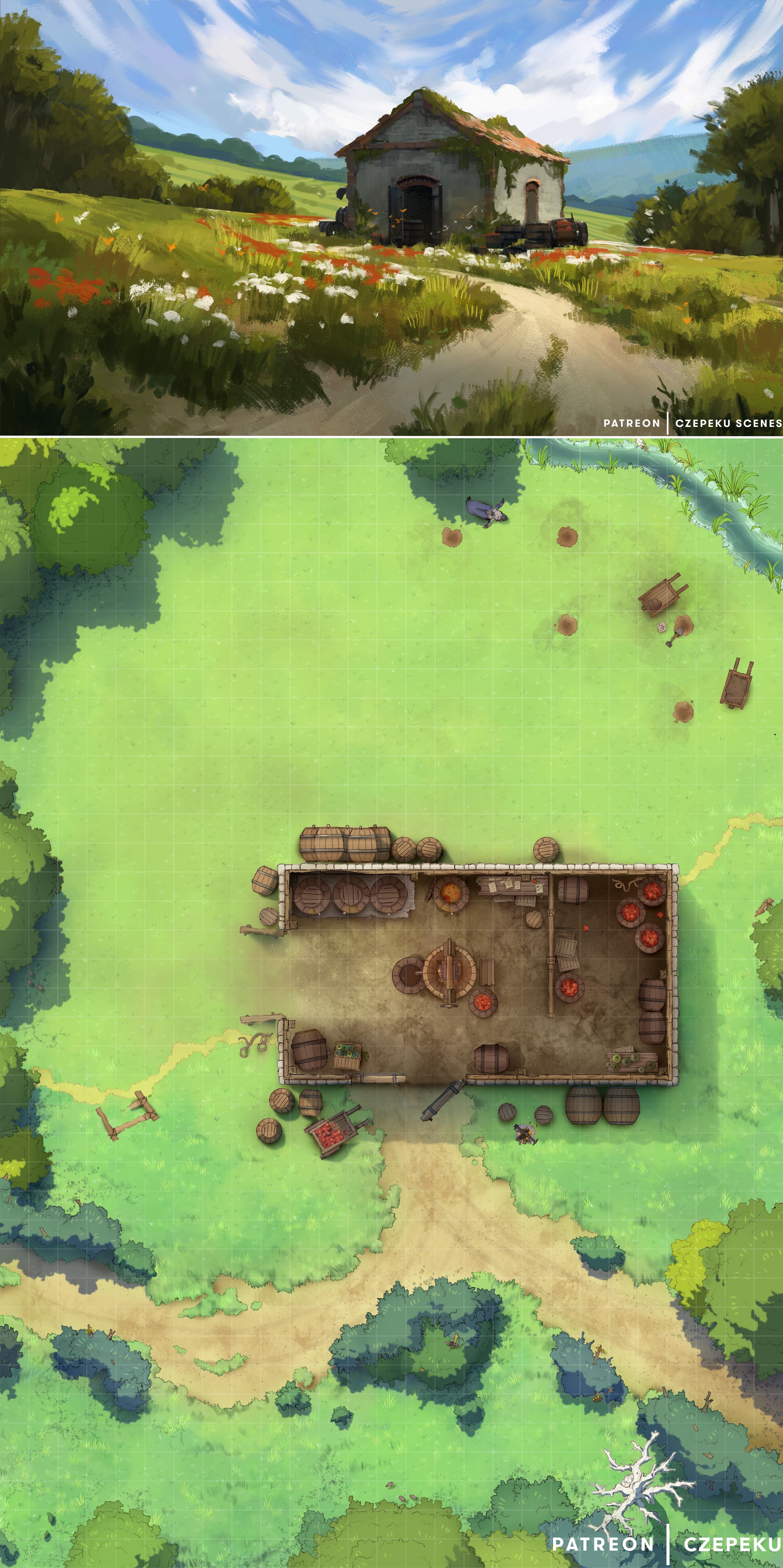 stable map dnd, carte de JDR fantasy (3840×7692 pixels) — battlemap pour Roll20 et Foundry VTT.