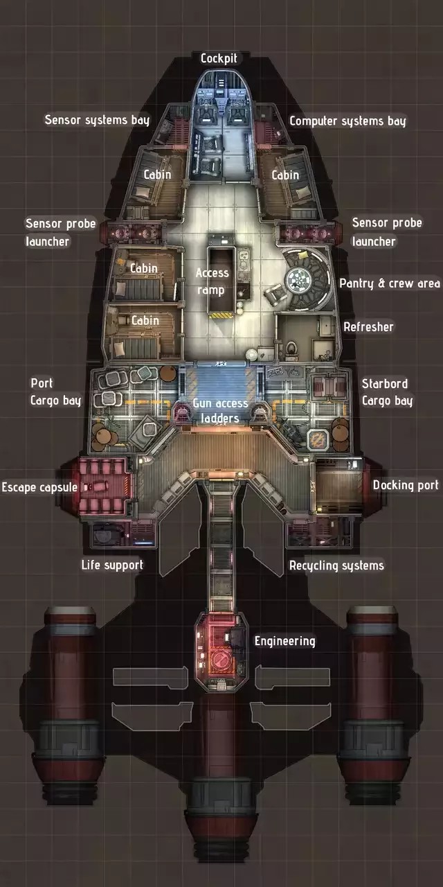 starship deck plan, carte de JDR science-fiction (640×1280 pixels) — battlemap pour Roll20 et Foundry VTT.
