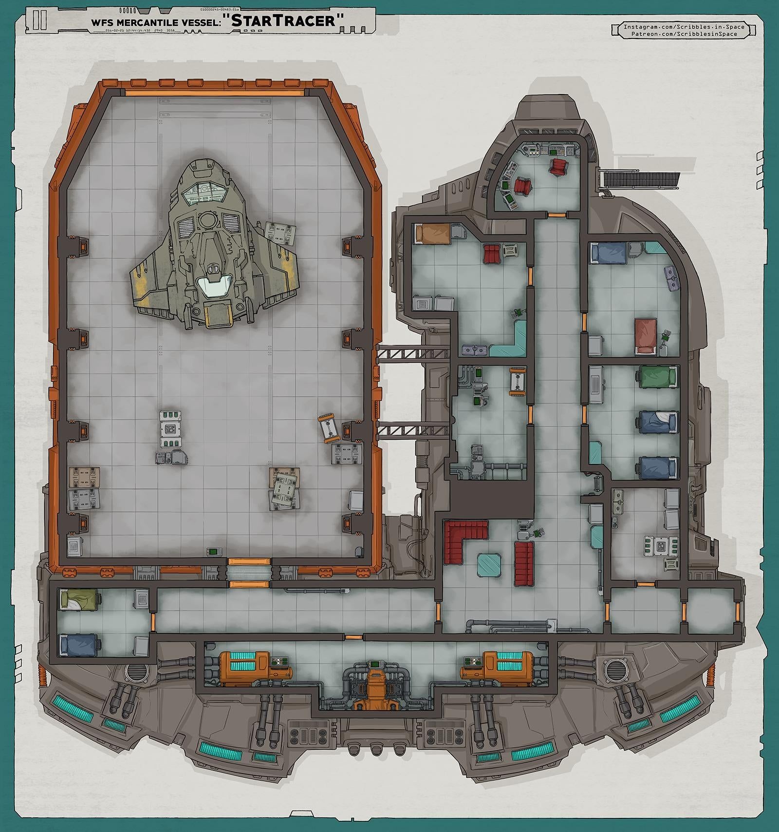 starship deck plan, carte de JDR science-fiction (1600×1707 pixels) — battlemap pour Roll20 et Foundry VTT.