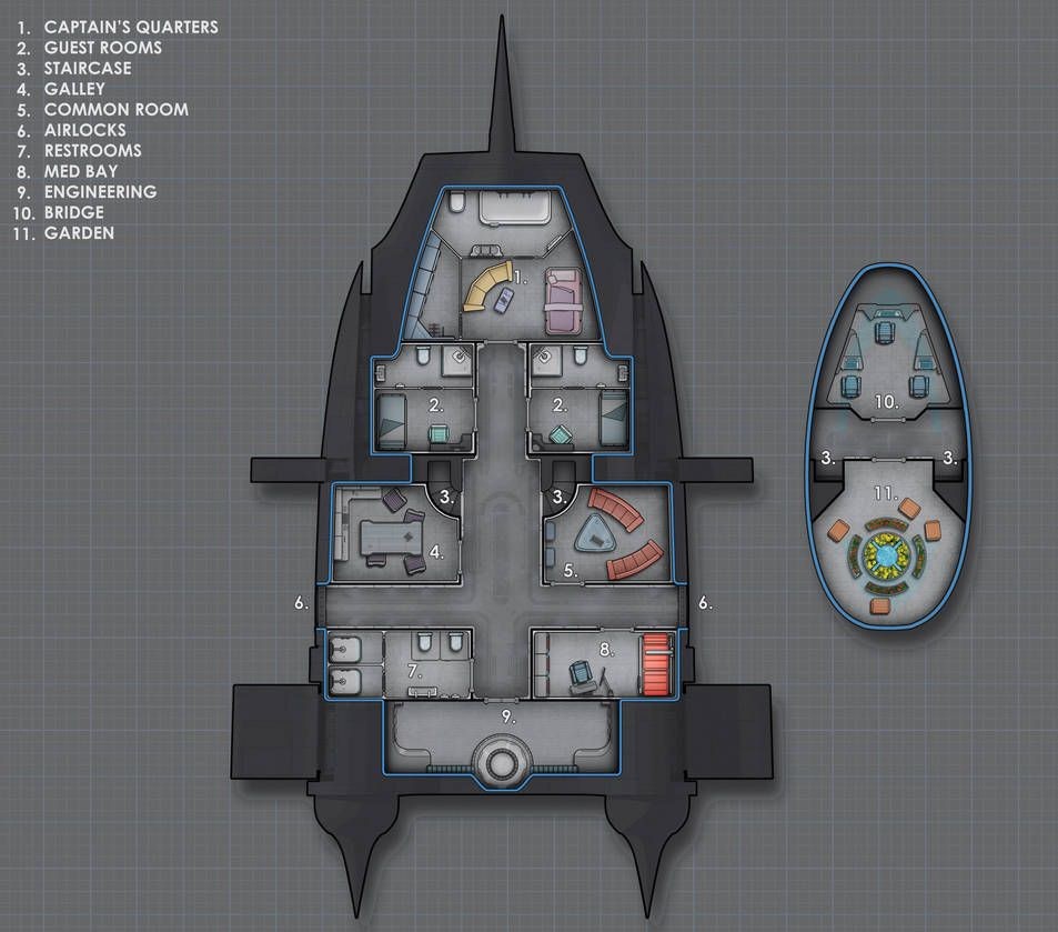 starship deck plan, carte de JDR science-fiction (953×839 pixels) — battlemap pour Roll20 et Foundry VTT.