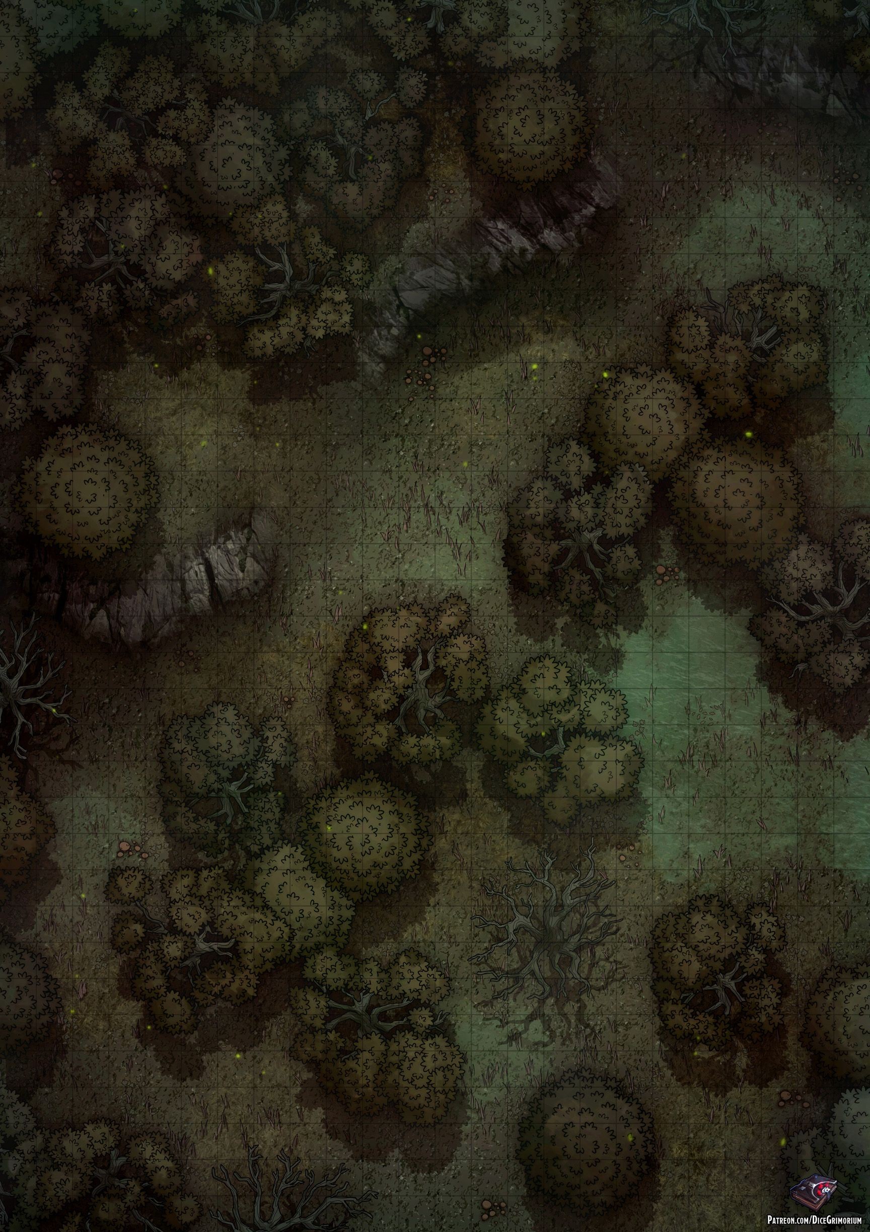 swamp map dnd, carte de JDR fantasy (1728×2448 pixels) — battlemap pour Roll20 et Foundry VTT.