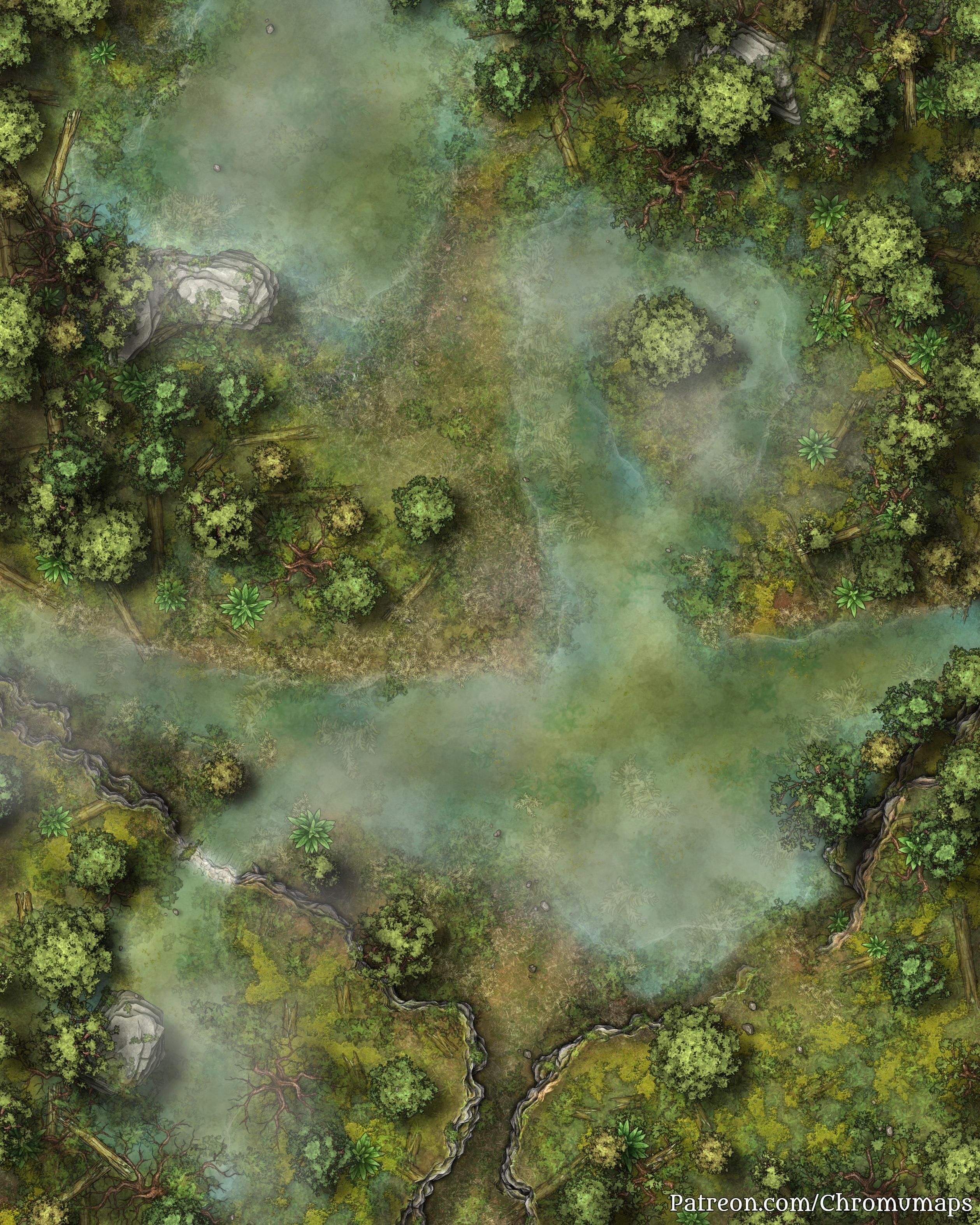 swamp map dnd, carte de JDR fantasy (2518×3148 pixels) — battlemap pour Roll20 et Foundry VTT.