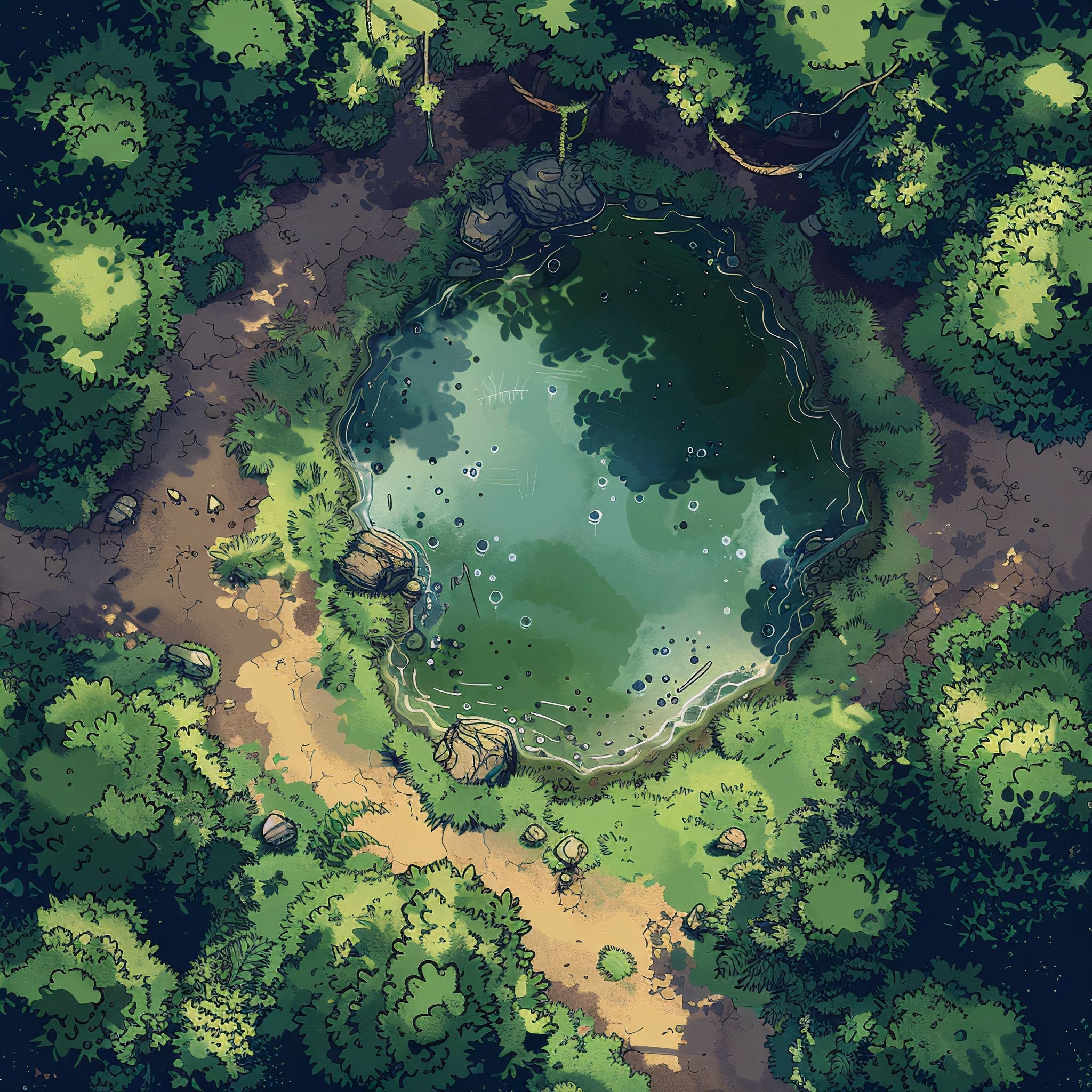 swamp map dnd, carte de JDR fantasy (2048×2048 pixels) — battlemap pour Roll20 et Foundry VTT.