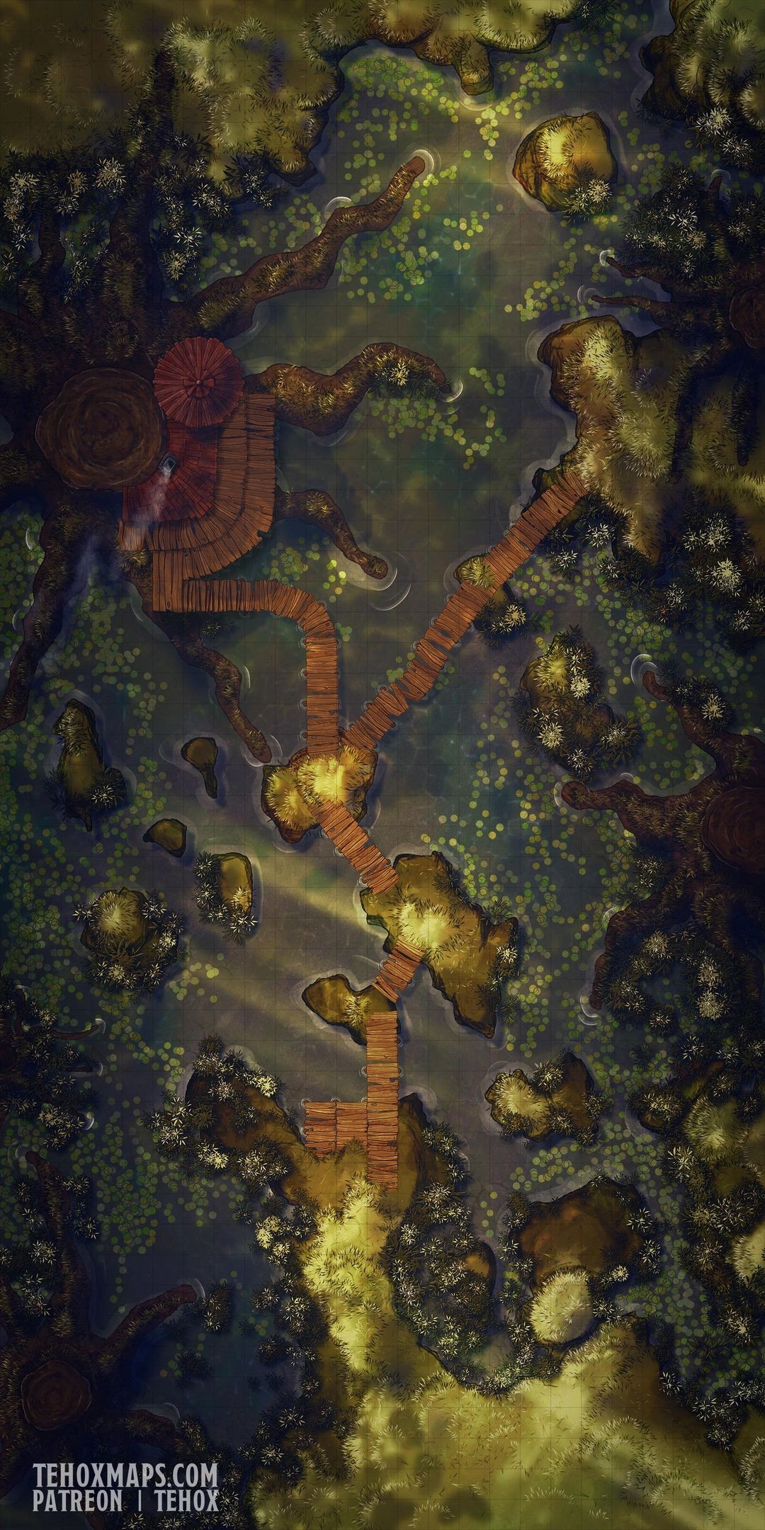 swamp map dnd, carte de JDR fantasy (1080×2160 pixels) — battlemap pour Roll20 et Foundry VTT.