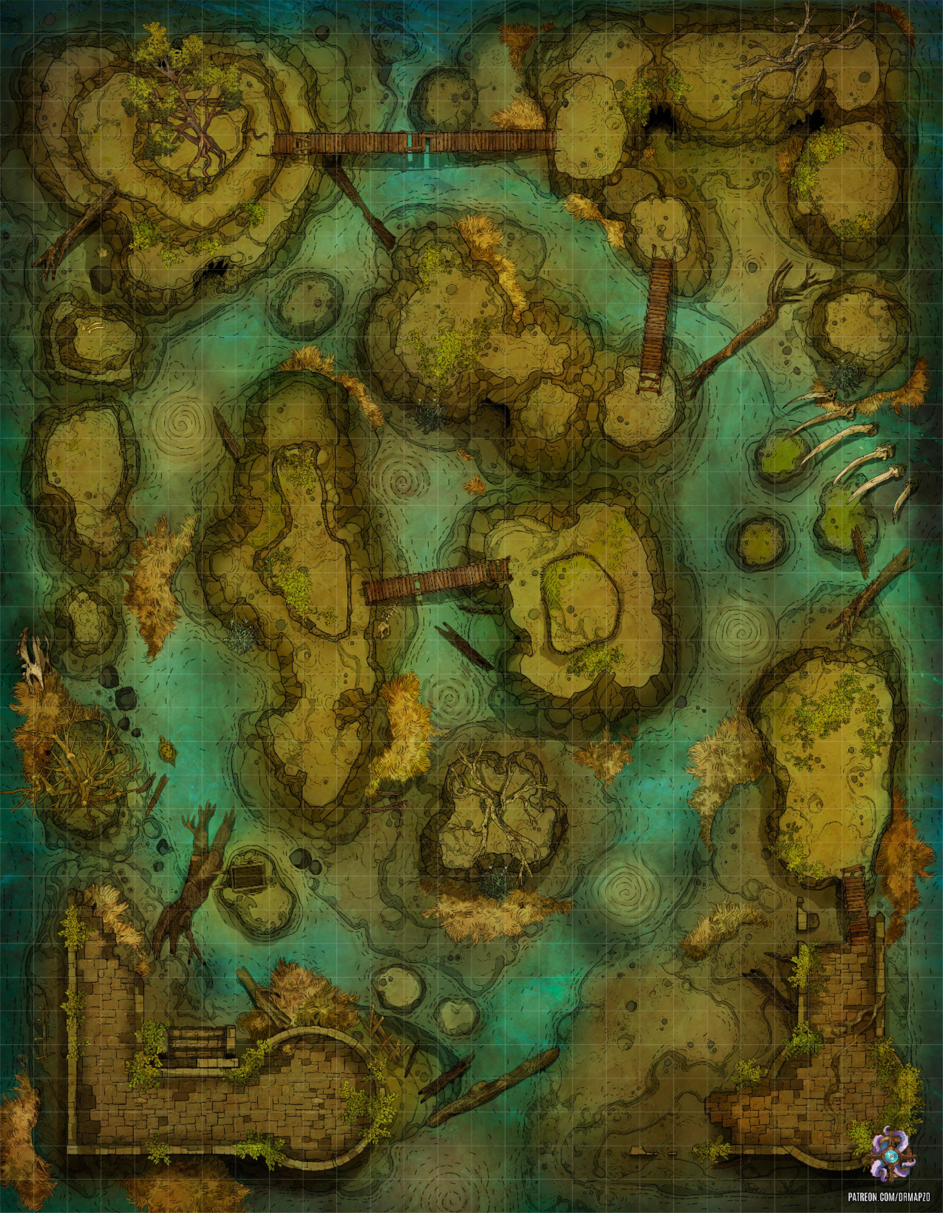swamp map dnd, carte de JDR fantasy (3186×4096 pixels) — battlemap pour Roll20 et Foundry VTT.