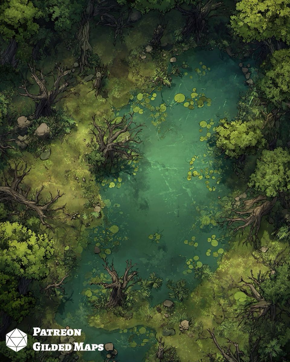 swamp map dnd, carte de JDR fantasy (960×1200 pixels) — battlemap pour Roll20 et Foundry VTT.