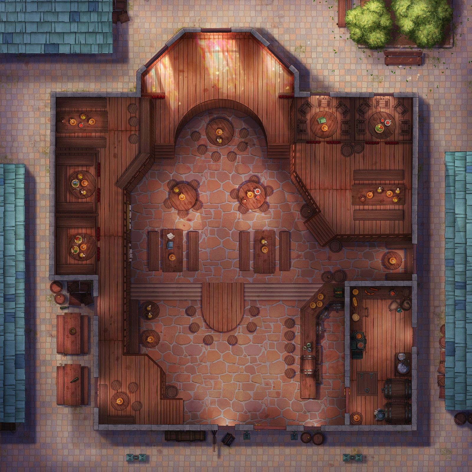 tavern map, carte de JDR fantasy (1600×1600 pixels) — battlemap pour Roll20 et Foundry VTT.