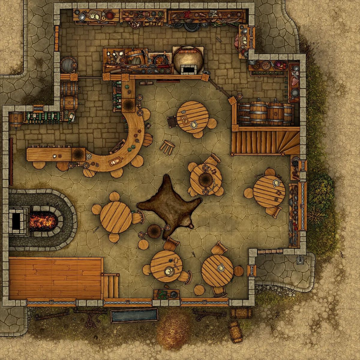 tavern map, carte de JDR fantasy (1200×1200 pixels) — battlemap pour Roll20 et Foundry VTT.
