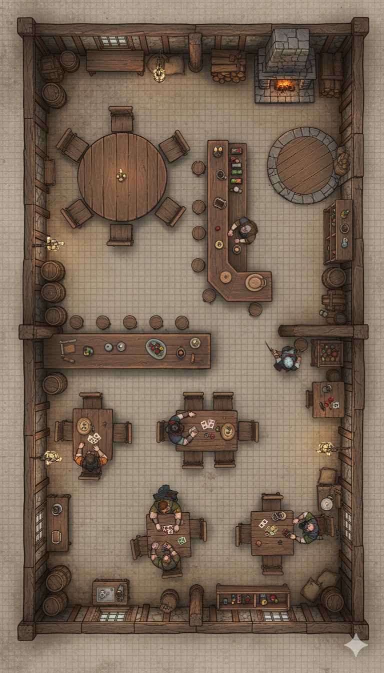 tavern map dnd, carte de JDR fantasy (768×1344 pixels) — battlemap pour Roll20 et Foundry VTT.