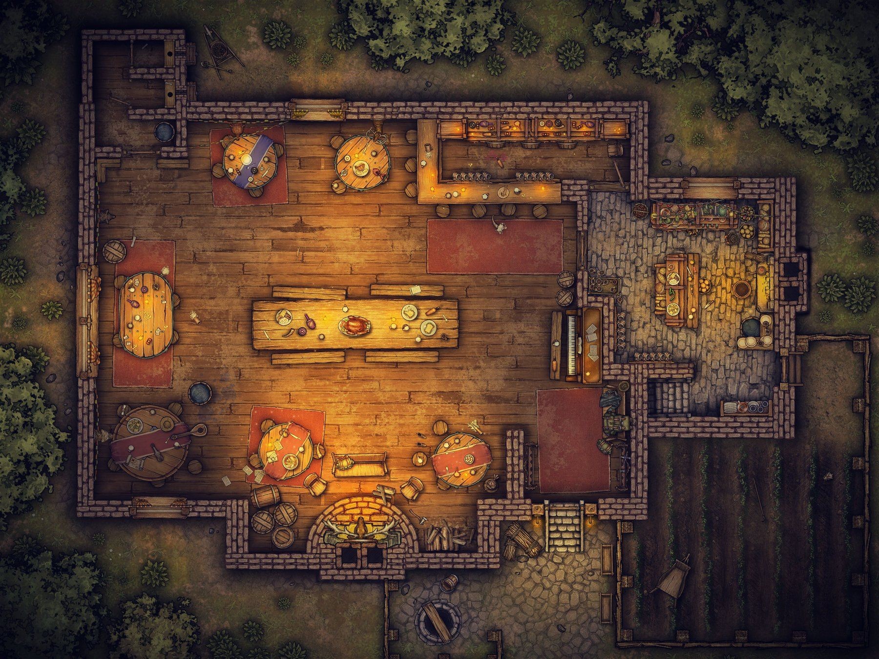 tavern map dnd, carte de JDR fantasy (1800×1350 pixels) — battlemap pour Roll20 et Foundry VTT.