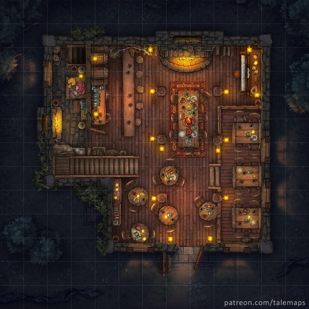 tavern map dnd, carte de JDR fantasy (1000×1000 pixels) — battlemap pour Roll20 et Foundry VTT.
