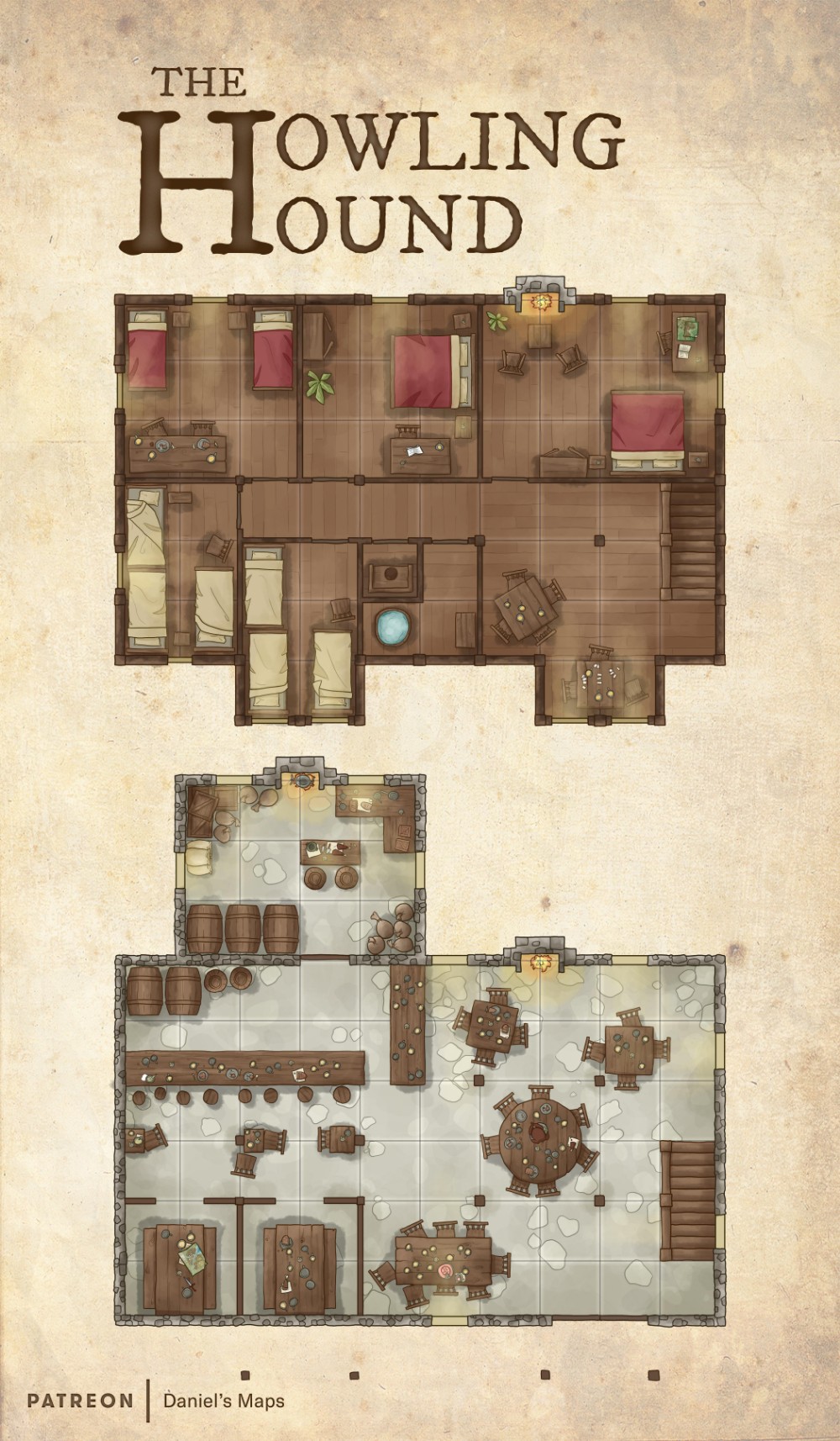 tavern map dnd, carte de JDR fantasy (1000×1714 pixels) — battlemap pour Roll20 et Foundry VTT.