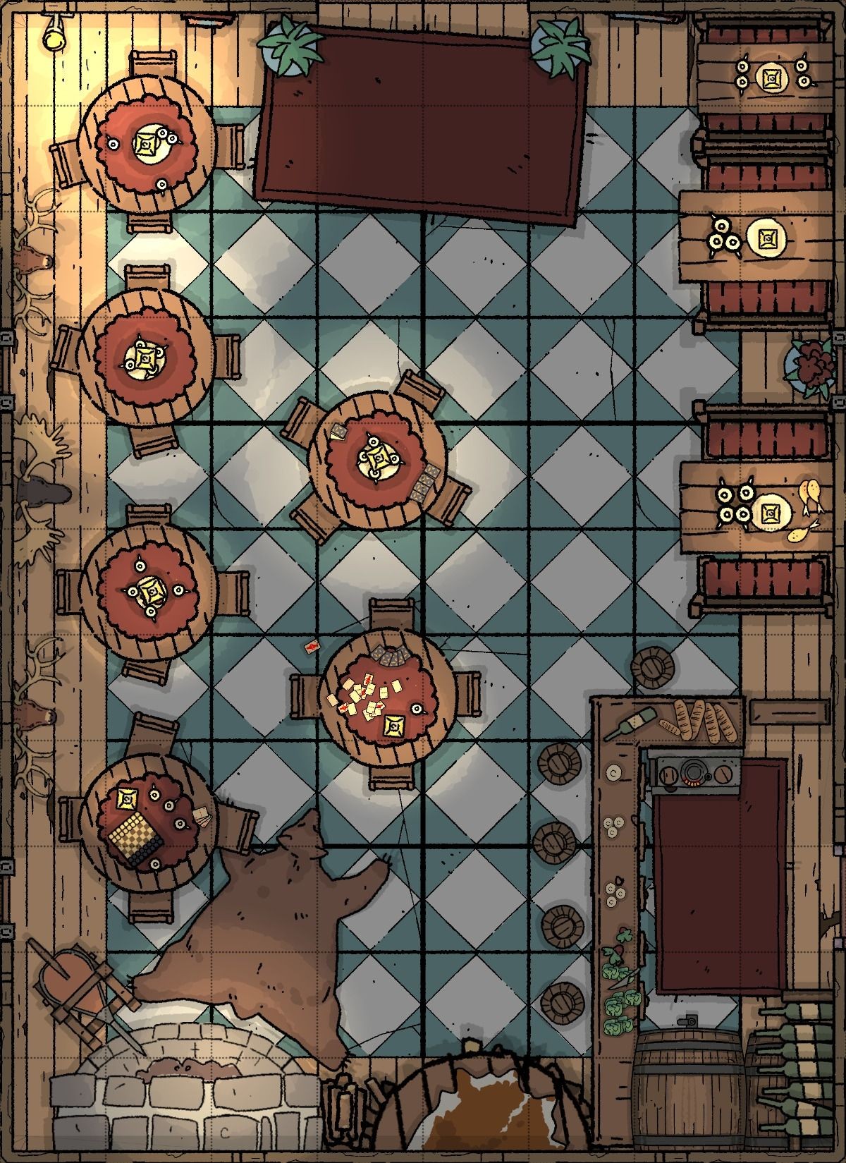 tavern map dnd, carte de JDR fantasy (1200×1649 pixels) — battlemap pour Roll20 et Foundry VTT.