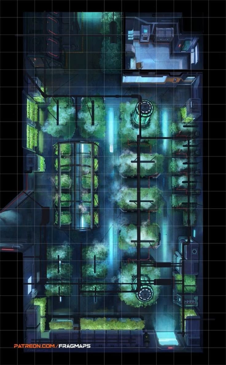 tech outpost map, carte de JDR science-fiction (736×1189 pixels) — battlemap pour Roll20 et Foundry VTT.