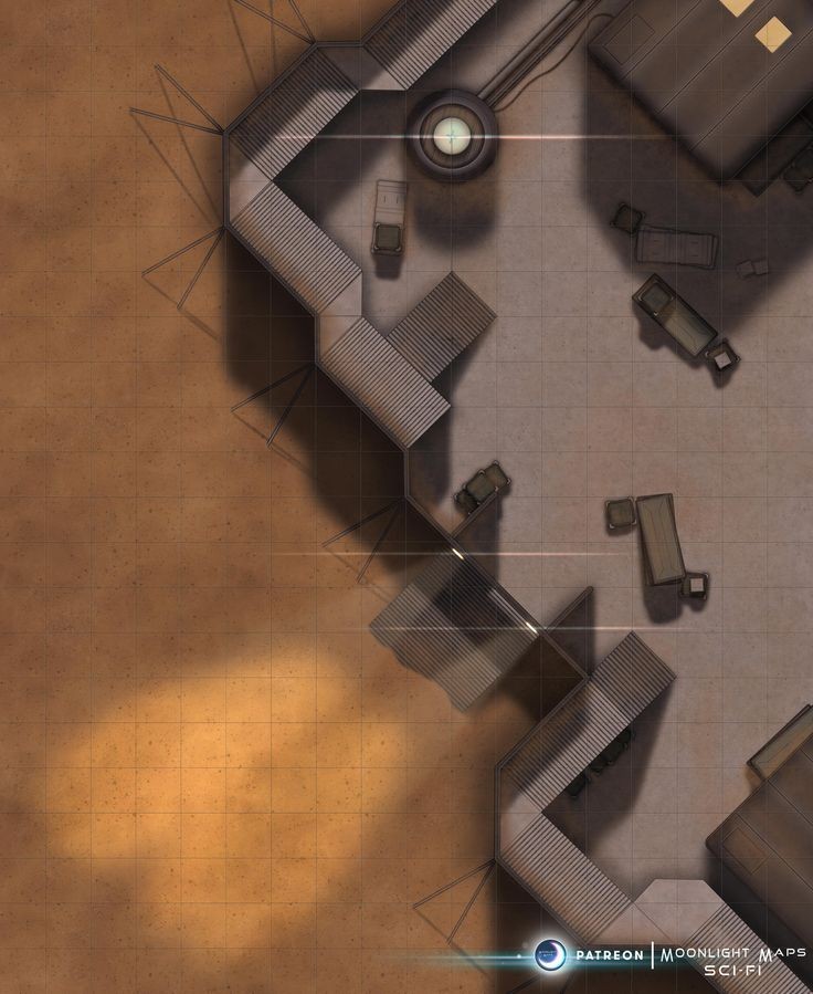 tech outpost map, carte de JDR science-fiction (736×899 pixels) — battlemap pour Roll20 et Foundry VTT.