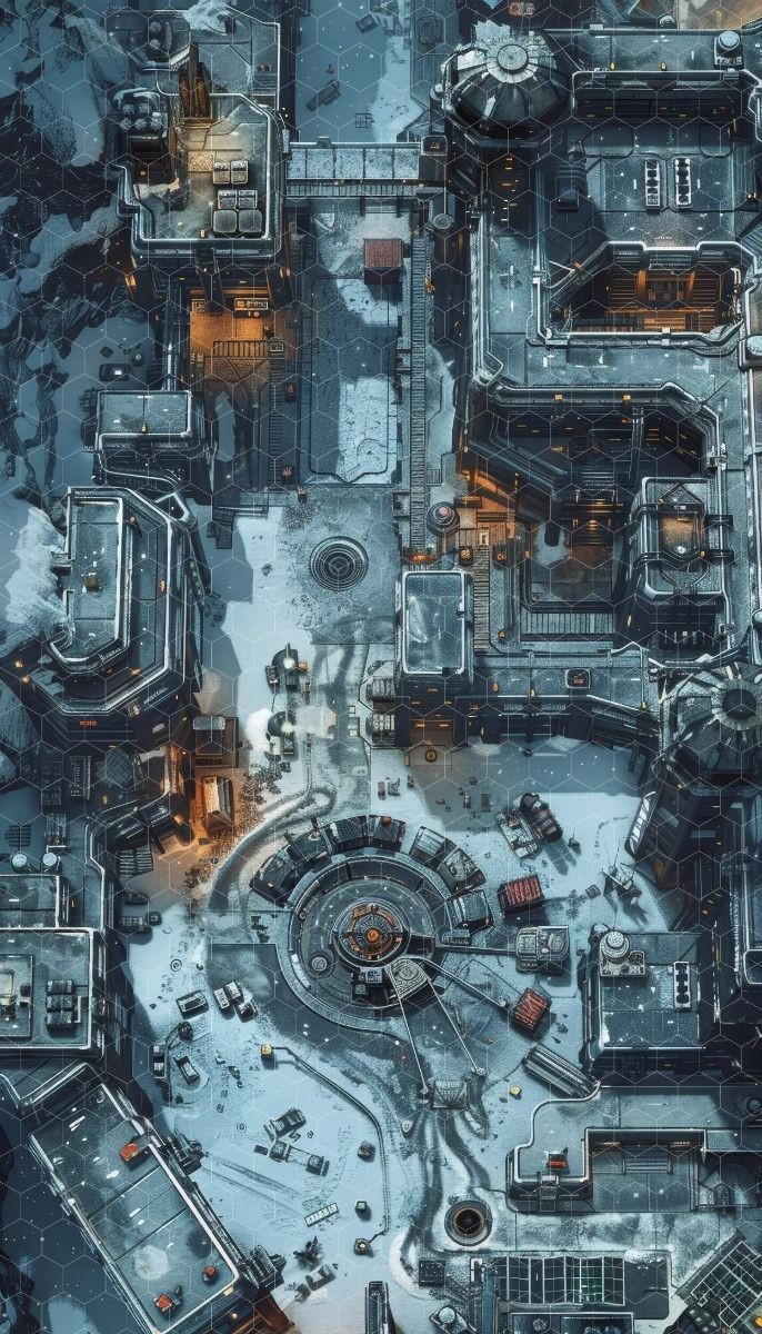 tech outpost map, carte de JDR science-fiction (686×1200 pixels) — battlemap pour Roll20 et Foundry VTT.