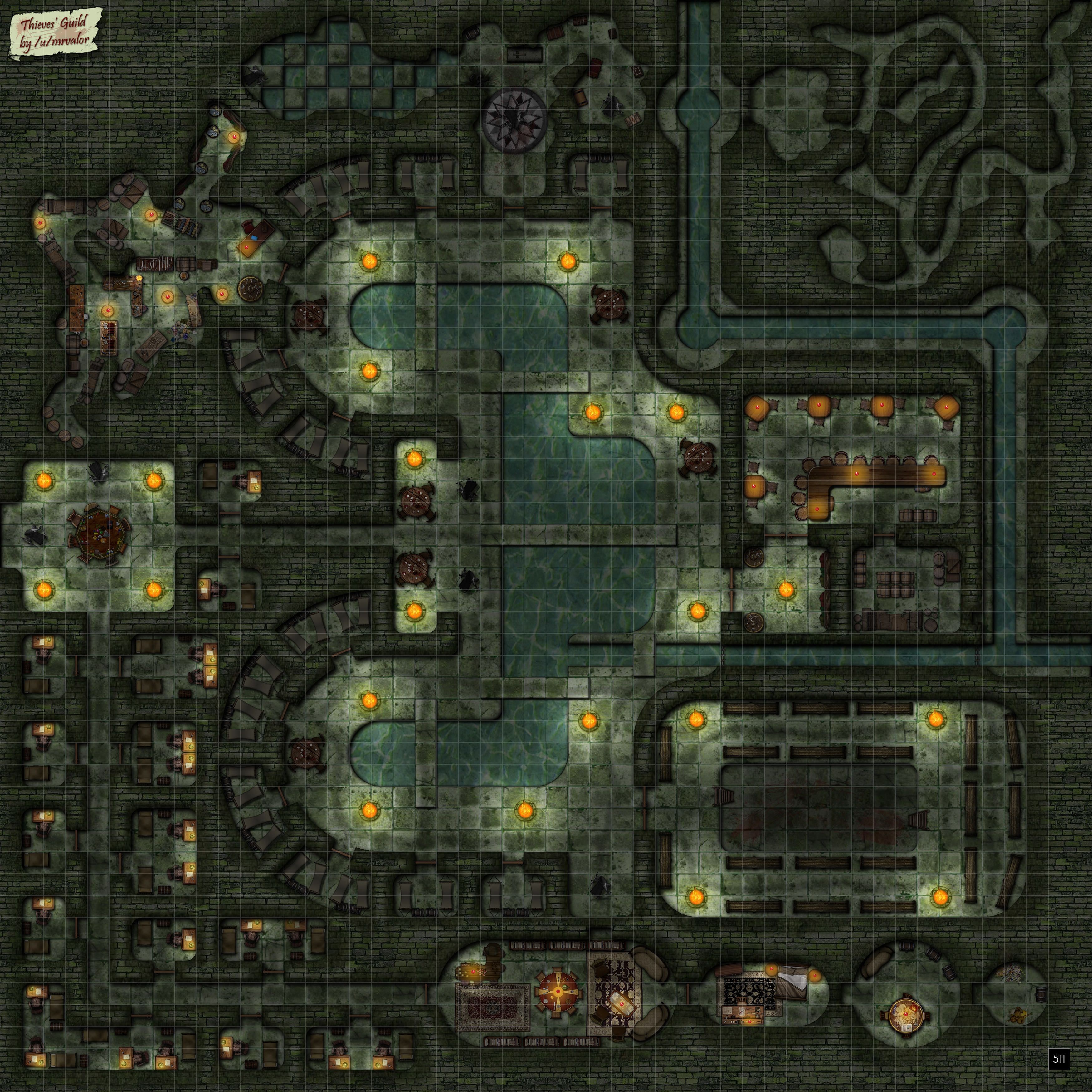 thieves den map dnd, carte de JDR fantasy (3500×3500 pixels) — battlemap pour Roll20 et Foundry VTT.