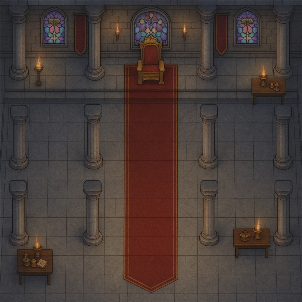 throne room map dnd, carte de JDR fantasy (1024×1024 pixels) — battlemap pour Roll20 et Foundry VTT.