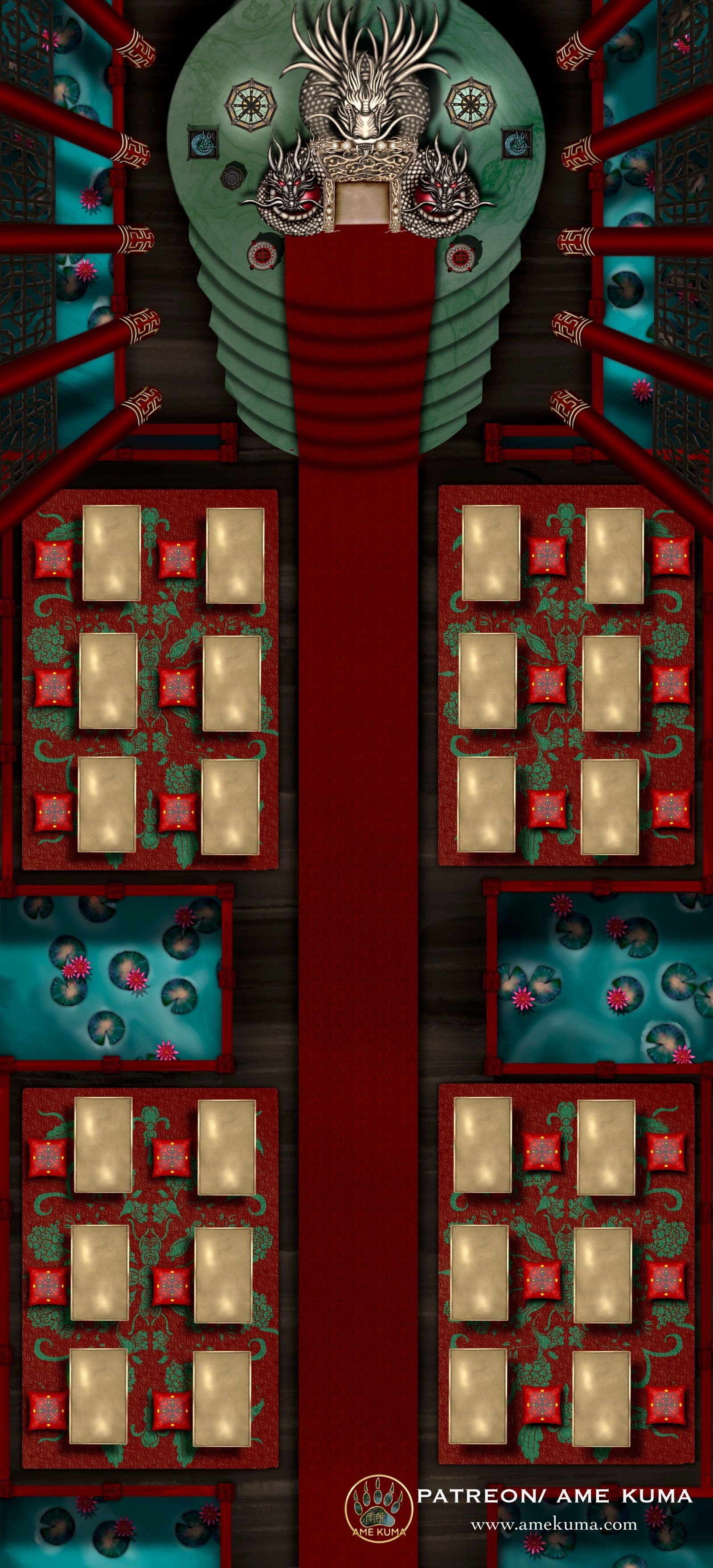 throne room map dnd, carte de JDR fantasy (1600×3520 pixels) — battlemap pour Roll20 et Foundry VTT.