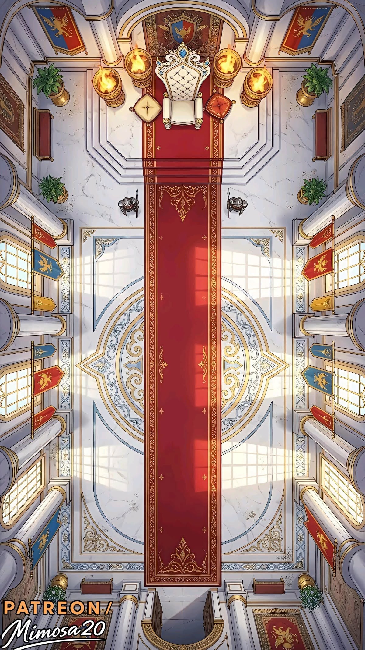 throne room map dnd, carte de JDR fantasy (1200×2133 pixels) — battlemap pour Roll20 et Foundry VTT.