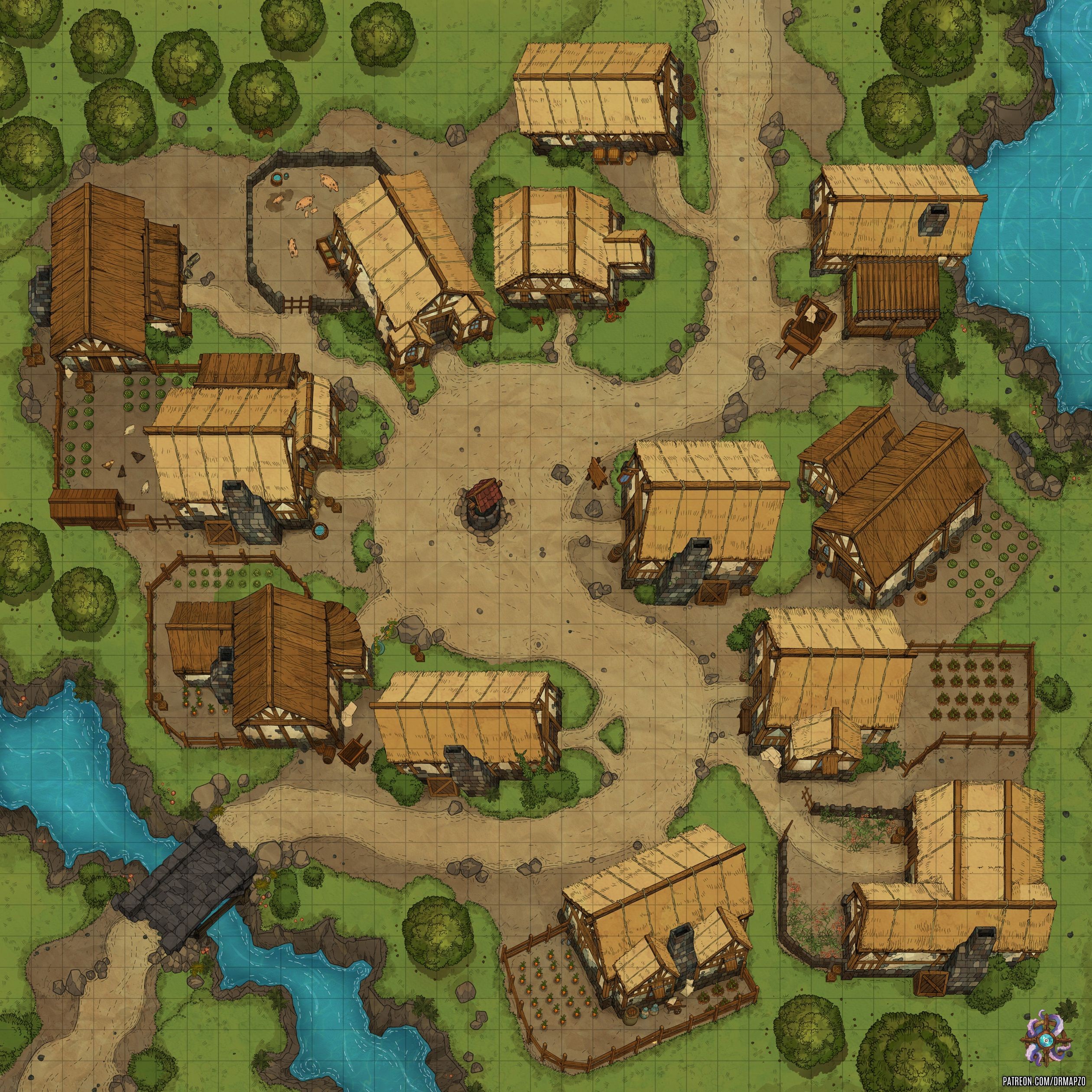 village map fantasy, carte de JDR fantasy (2520×2520 pixels) — battlemap pour Roll20 et Foundry VTT.