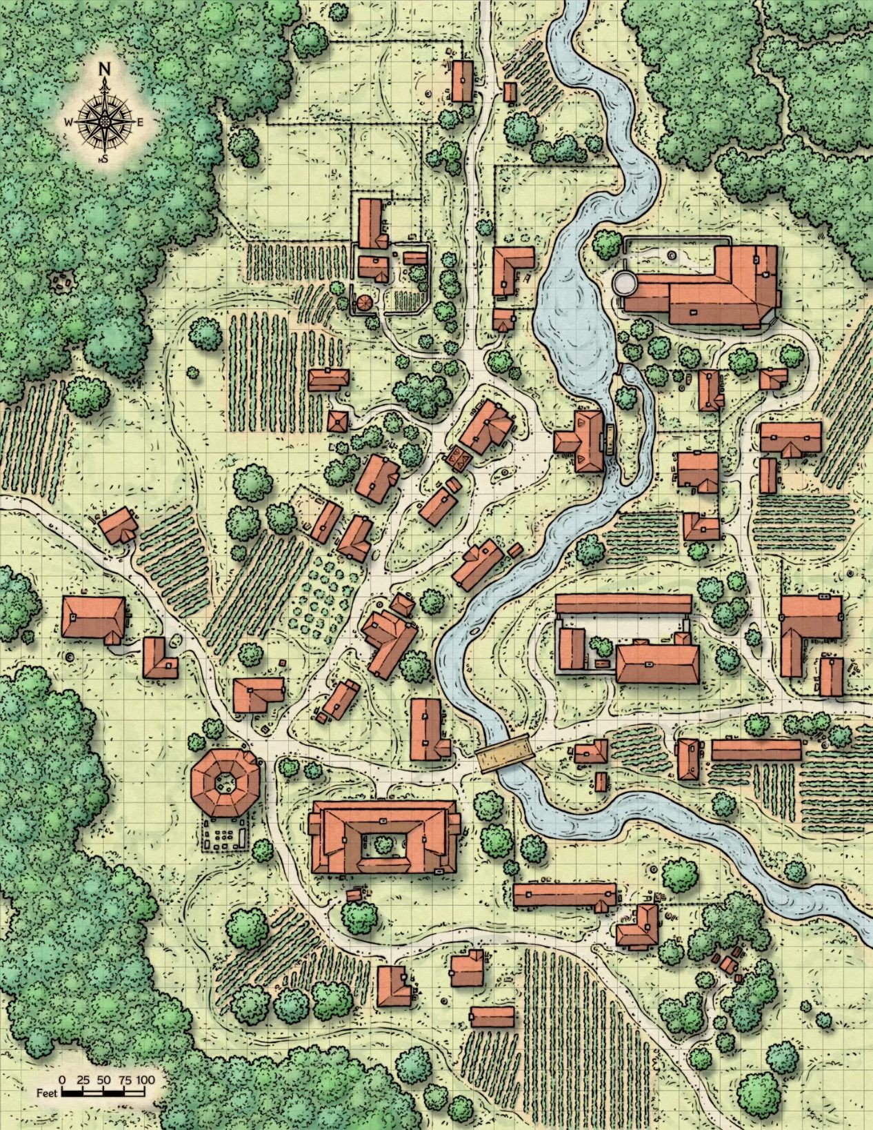 village map fantasy, carte de JDR fantasy (1266×1638 pixels) — battlemap pour Roll20 et Foundry VTT.