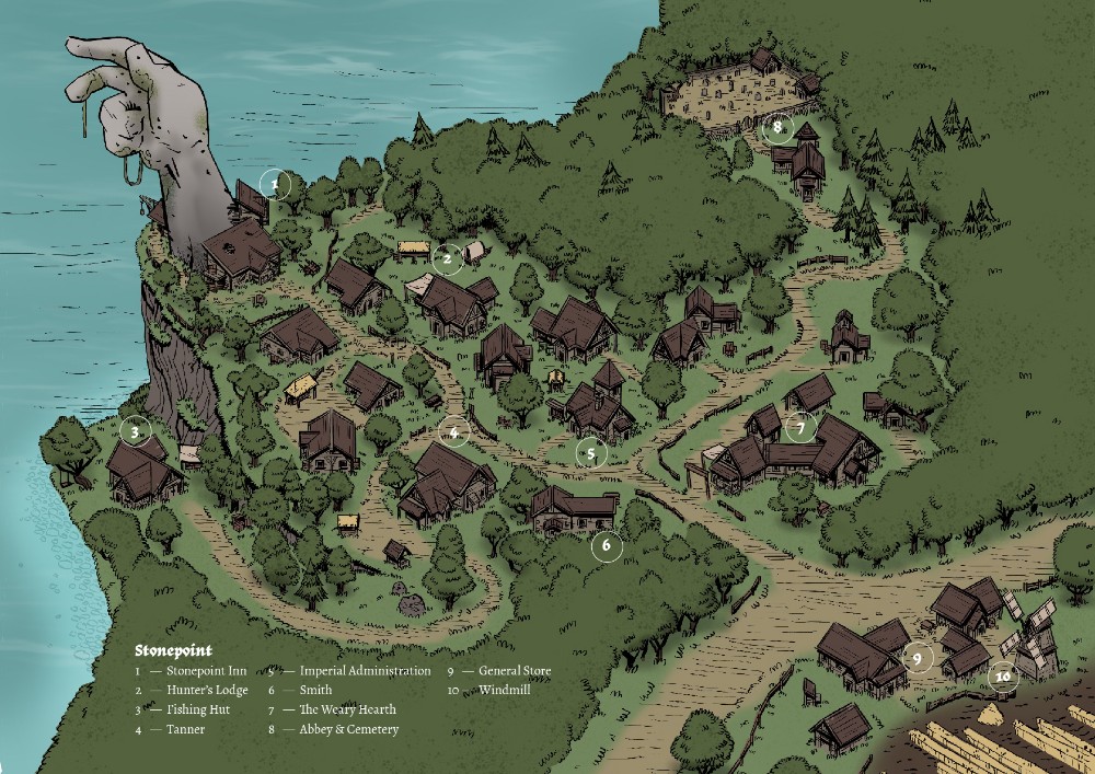 village map fantasy, carte de JDR fantasy (1000×707 pixels) — battlemap pour Roll20 et Foundry VTT.