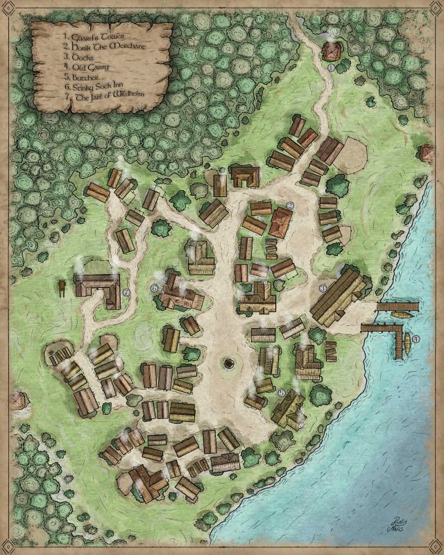 village map fantasy, carte de JDR fantasy (640×800 pixels) — battlemap pour Roll20 et Foundry VTT.