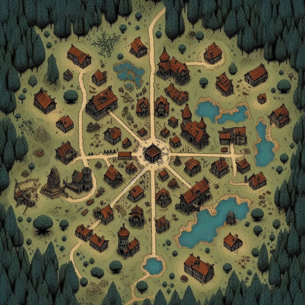 village map fantasy, carte de JDR fantasy (1024×1024 pixels) — battlemap pour Roll20 et Foundry VTT.