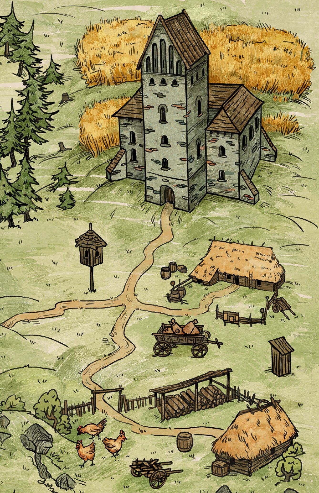 village map fantasy, carte de JDR fantasy (1338×2066 pixels) — battlemap pour Roll20 et Foundry VTT.