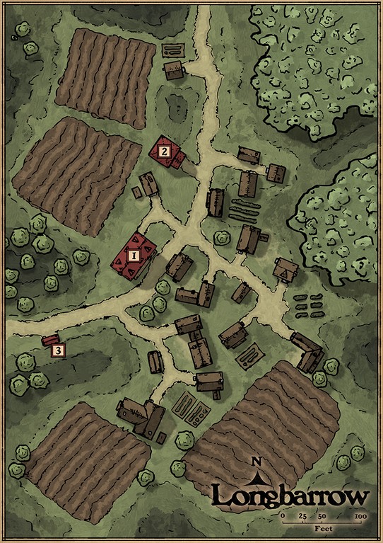 village map fantasy, carte de JDR fantasy (542×767 pixels) — battlemap pour Roll20 et Foundry VTT.