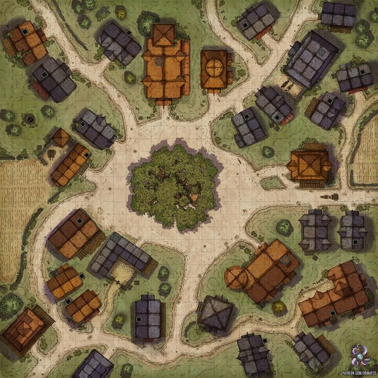 village map fantasy, carte de JDR fantasy (736×736 pixels) — battlemap pour Roll20 et Foundry VTT.