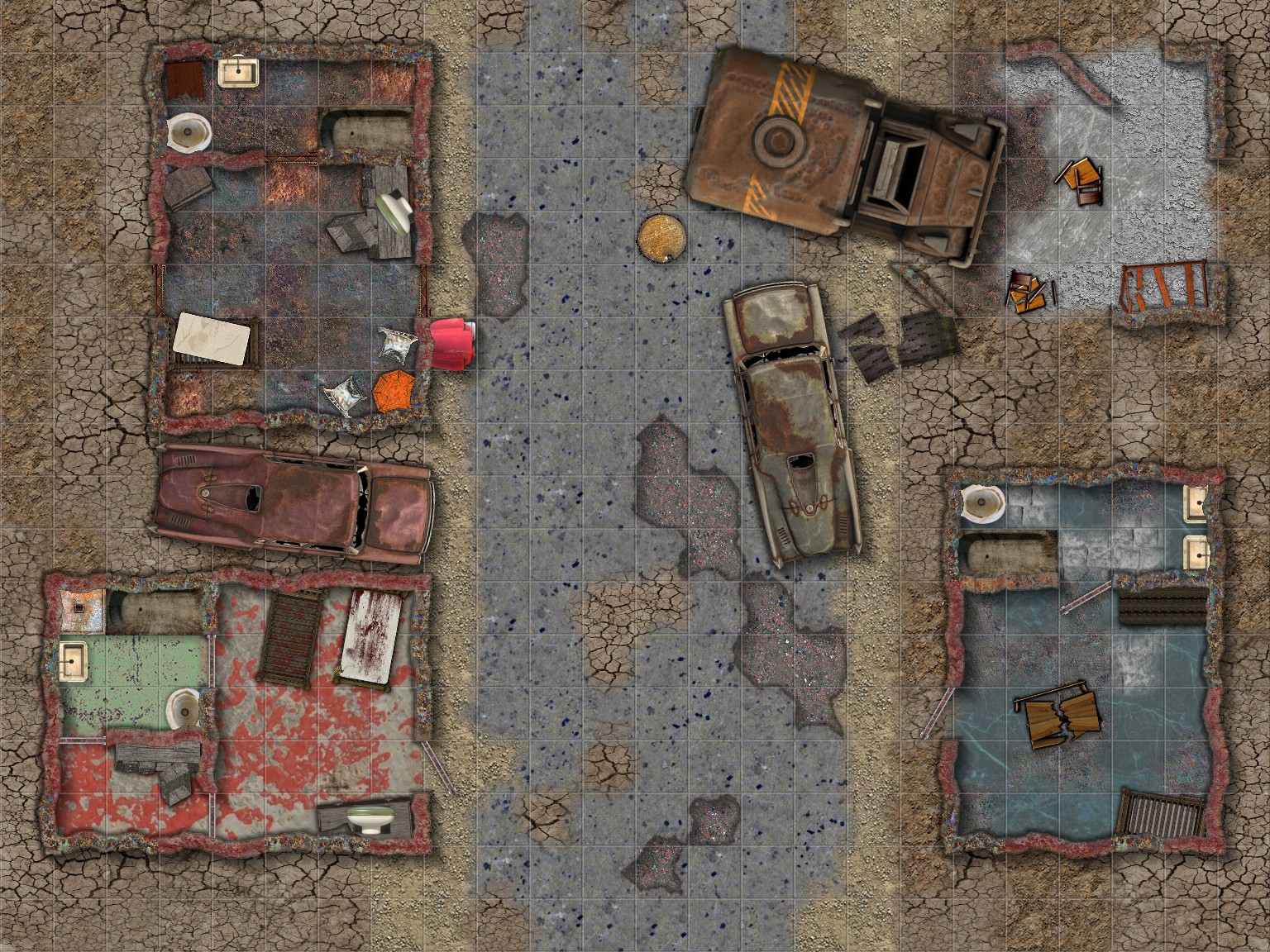 wasteland encounter map, carte de JDR post-apocalyptique (1536×1152 pixels) — battlemap pour Roll20 et Foundry VTT.