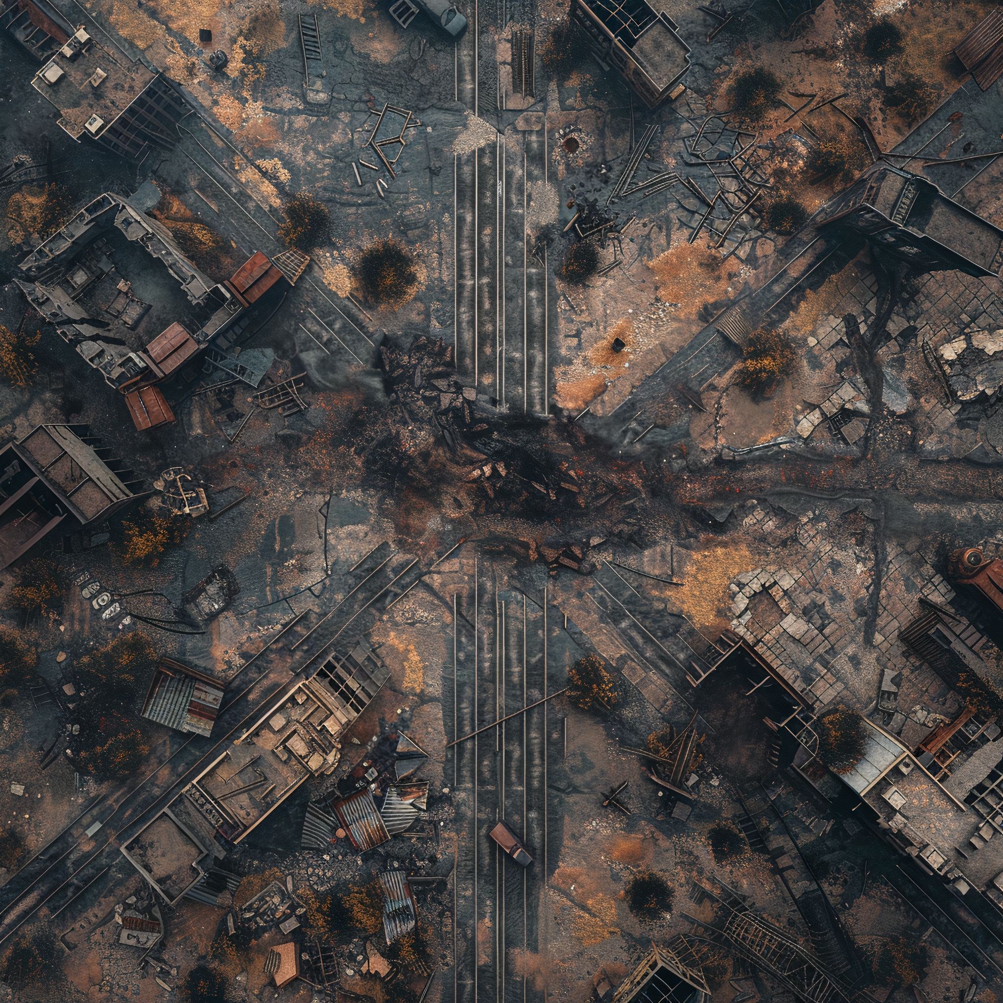 wasteland encounter map, carte de JDR post-apocalyptique (2048×2048 pixels) — battlemap pour Roll20 et Foundry VTT.