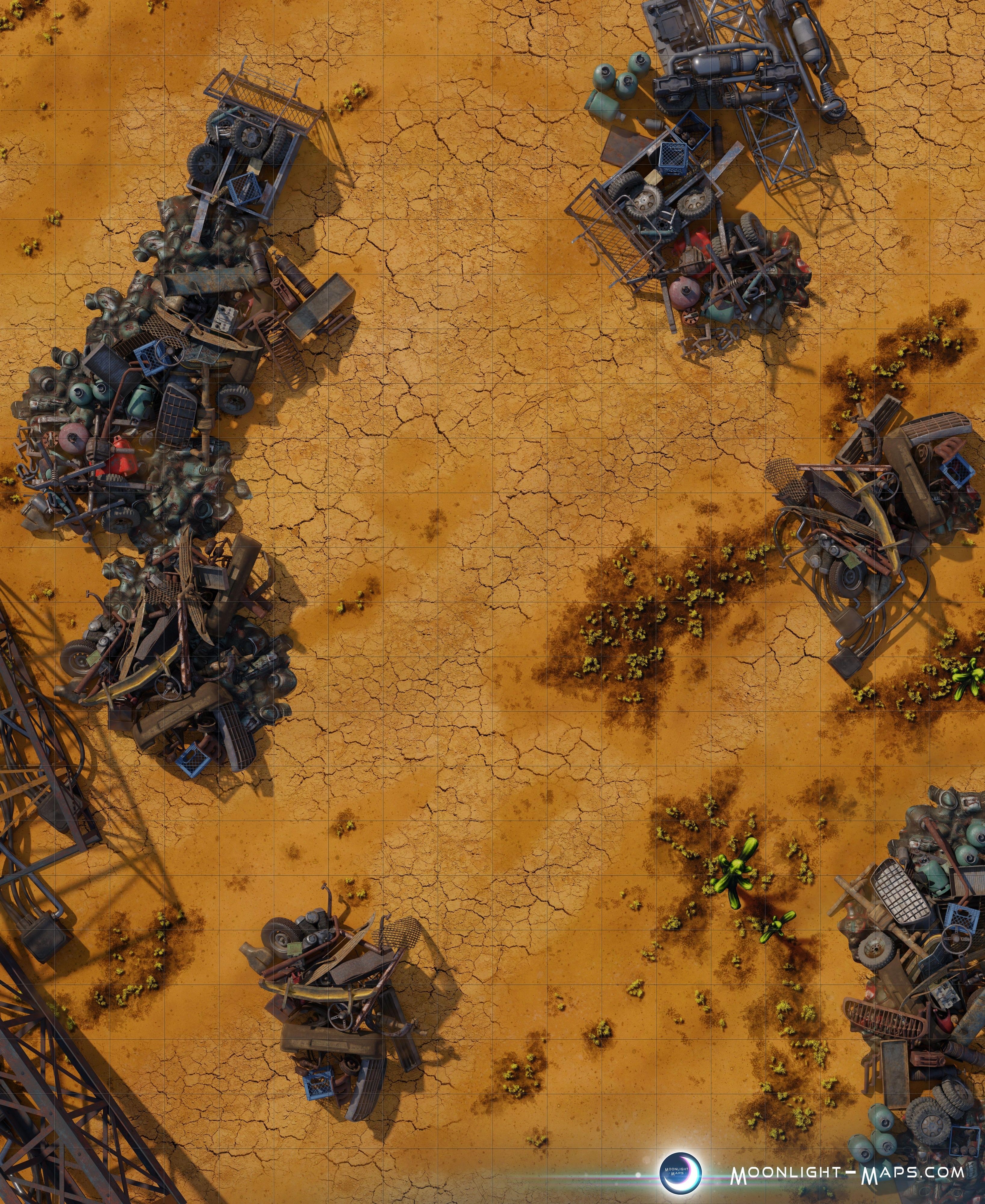 wasteland encounter map, carte de JDR post-apocalyptique (3272×4000 pixels) — battlemap pour Roll20 et Foundry VTT.