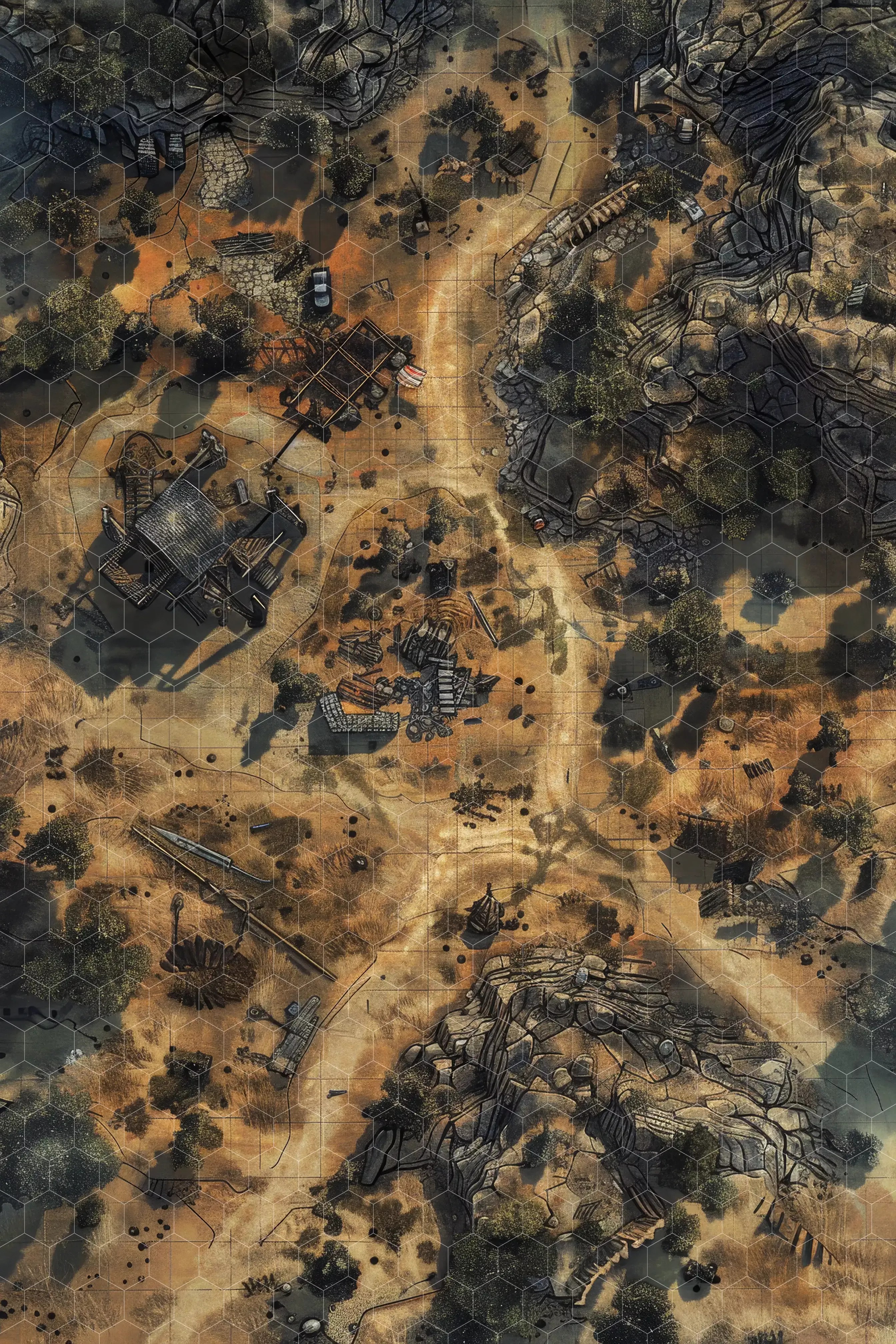 wasteland map, carte de JDR post-apocalyptique (2688×4032 pixels) — battlemap pour Roll20 et Foundry VTT.