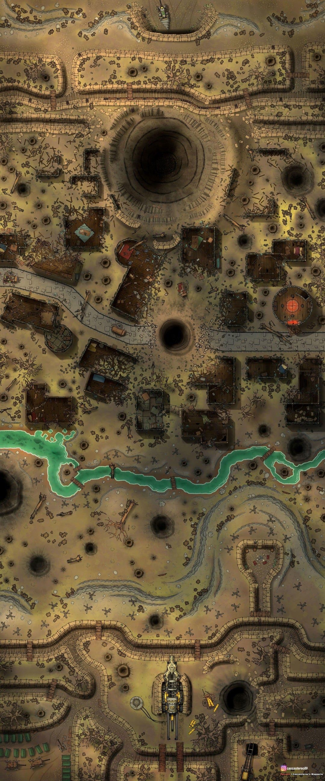 wasteland map, carte de JDR post-apocalyptique (1080×2592 pixels) — battlemap pour Roll20 et Foundry VTT.