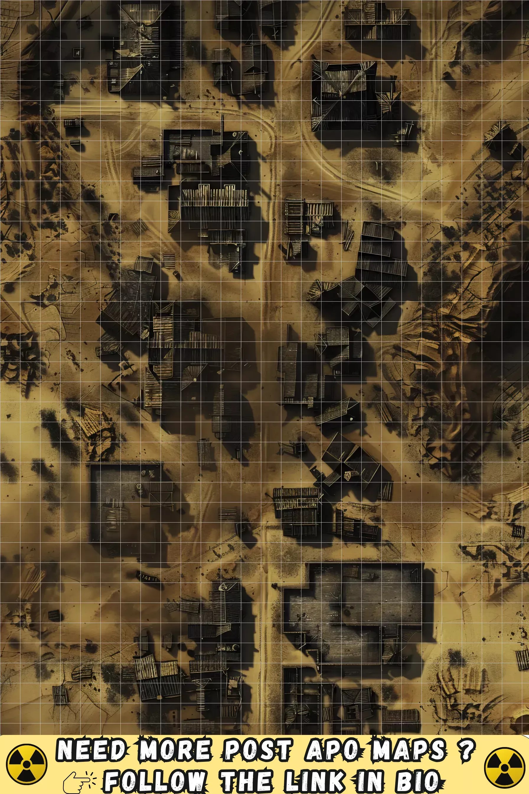wasteland settlement map, carte de JDR post-apocalyptique (1792×2688 pixels) — battlemap pour Roll20 et Foundry VTT.