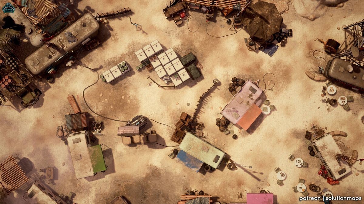 wasteland settlement map, carte de JDR post-apocalyptique (1200×675 pixels) — battlemap pour Roll20 et Foundry VTT.