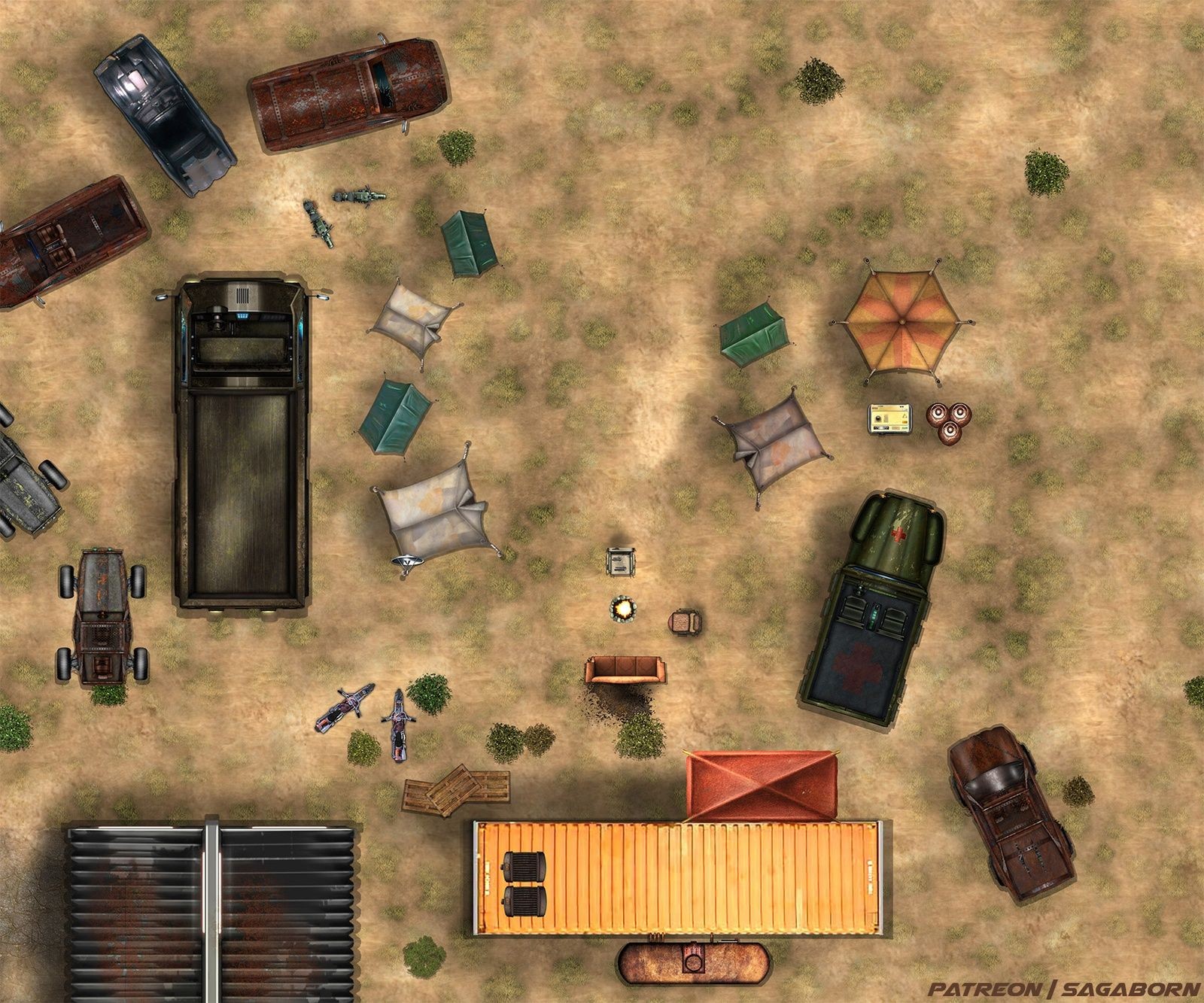 wasteland settlement map, carte de JDR post-apocalyptique (1600×1333 pixels) — battlemap pour Roll20 et Foundry VTT.