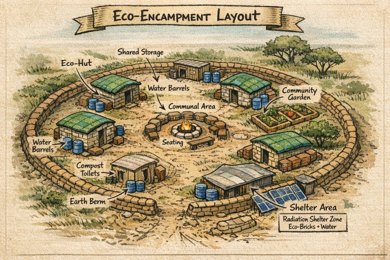 wasteland settlement map, carte de JDR post-apocalyptique (1536×1024 pixels) — battlemap pour Roll20 et Foundry VTT.