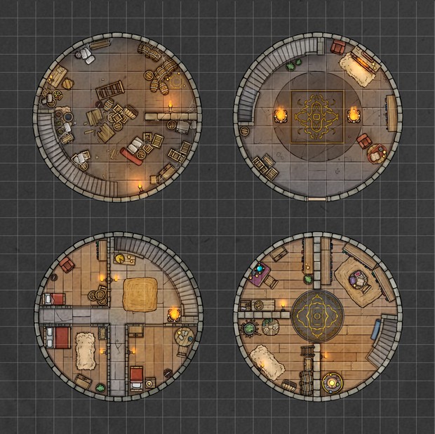wizard tower map dnd, carte de JDR fantasy (620×618 pixels) — battlemap pour Roll20 et Foundry VTT.